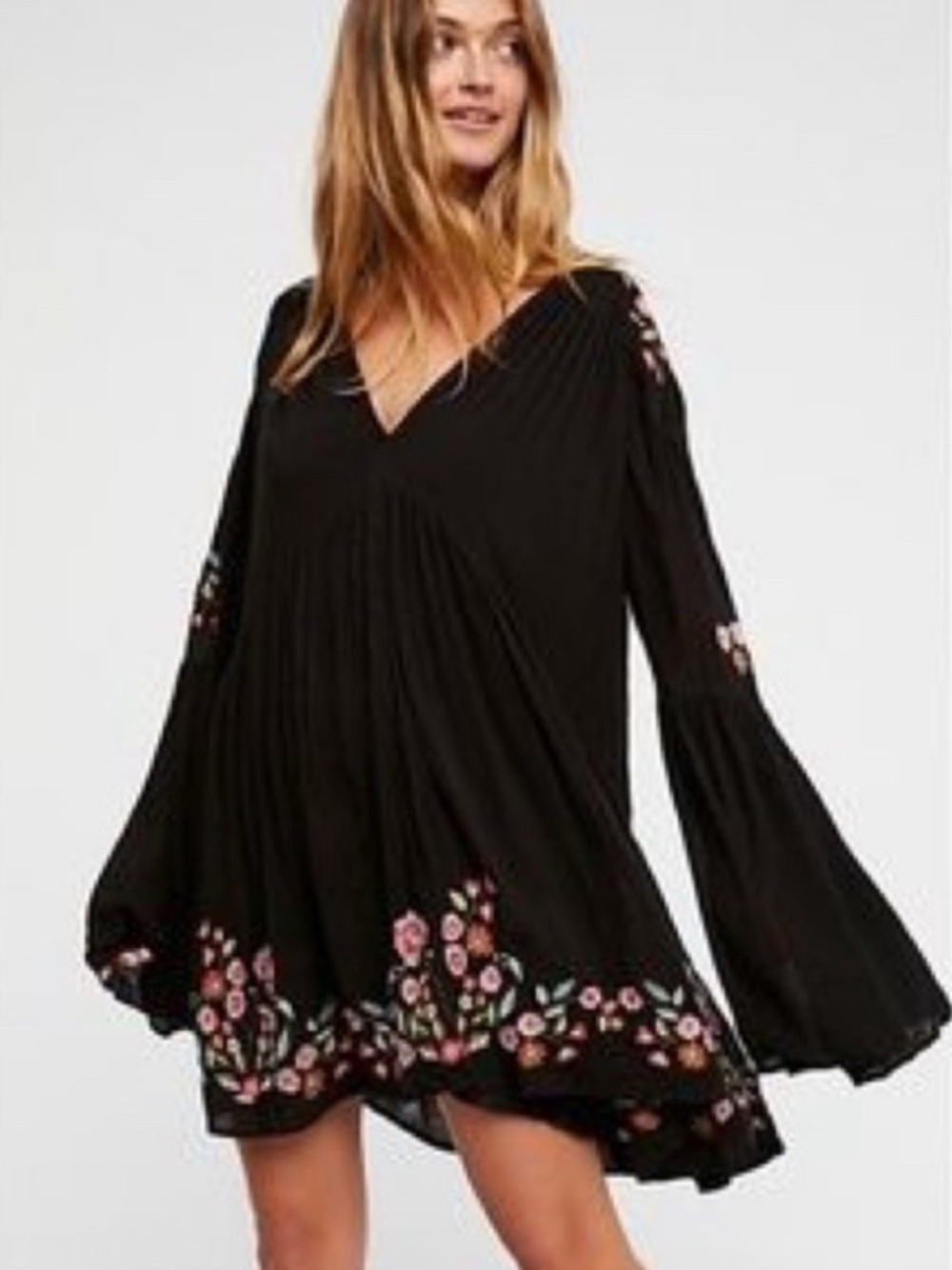 Free People Black Embroidered Babydoll Mini Dress Sz Medium
